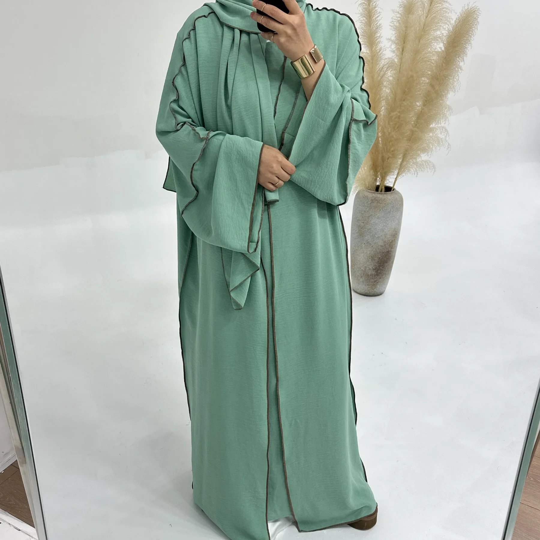 3PCS Bescheiden Moslim Vrouwen Abaya Kimono Vest Hijab Sjaal Maxi Jurk Eid Ramadan Islamitische Kleding Outfits Dubai Kaftan Djellaba