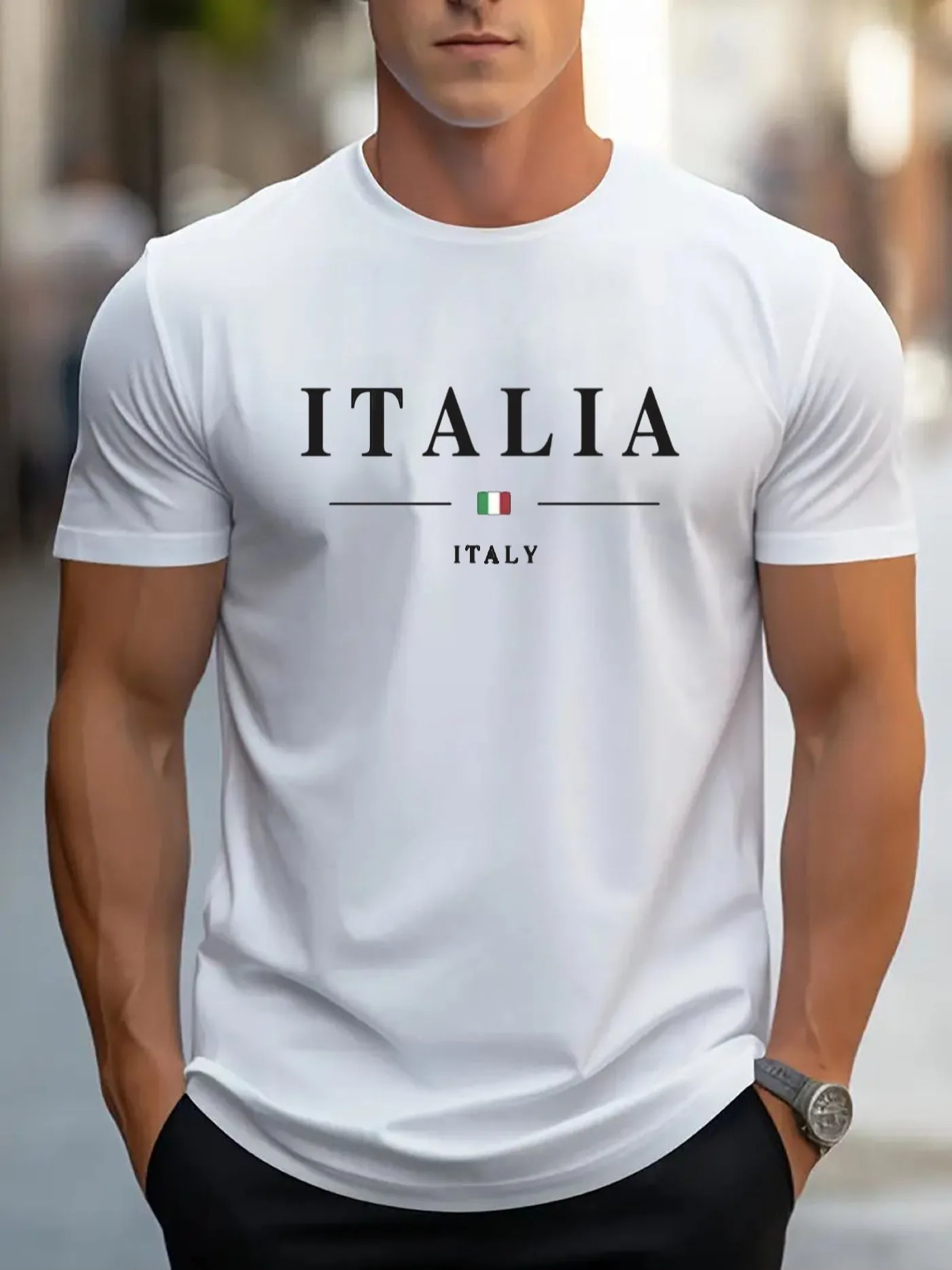 Men's summer 100% pure cotton casual fashionable loose ITALIA pattern printed casual round neck short sleeved T-shirt versatile