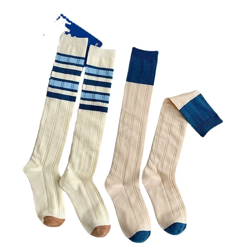 Meias finas de tubo longo listrado azul feminino, antifricção, absorção de suor, casual, primavera e verão, Jk Trend, 2 pares