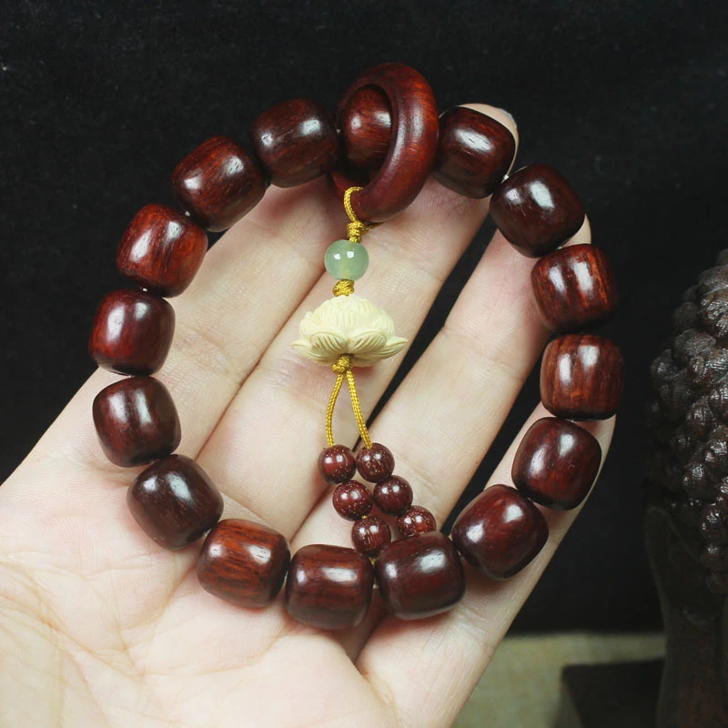 

Zambian Rosewood Old-Style Bead 12mm Bracelet with Lotus Pendant, Unisex Buddhist Prayer Beads Jewelry