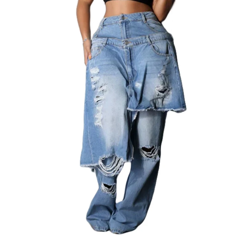 Mode Denim Hosen Frauen Street Wear Neue 2025, Herbst Winter Stretch Vintage Y2k Hosen Schürze Overup Zerrissene Gerade Bein Jeans – Detail 5