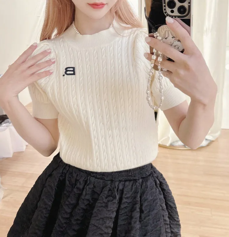 Short Sleeve T-shirt Summer Vintage Sweet Knitted Top Solid Color Japanese Style Embroidery Women's Tshirt Crew Neck Tee