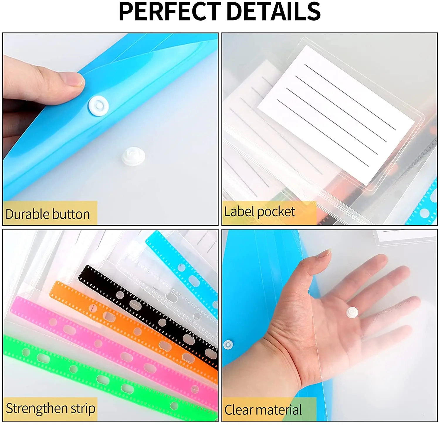 6pcs A4 Poly Envelopes Pouch Clear File Bags with Snap Button File Folders Document Organizer for Stationery Tools Organization