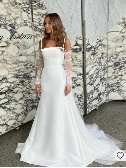 Vestido de novia de satén de alta gama con tirantes finos, Espalda descubierta, manga larga, vestido de novia ajustado hasta el té con nudo de lazo para dama de honor