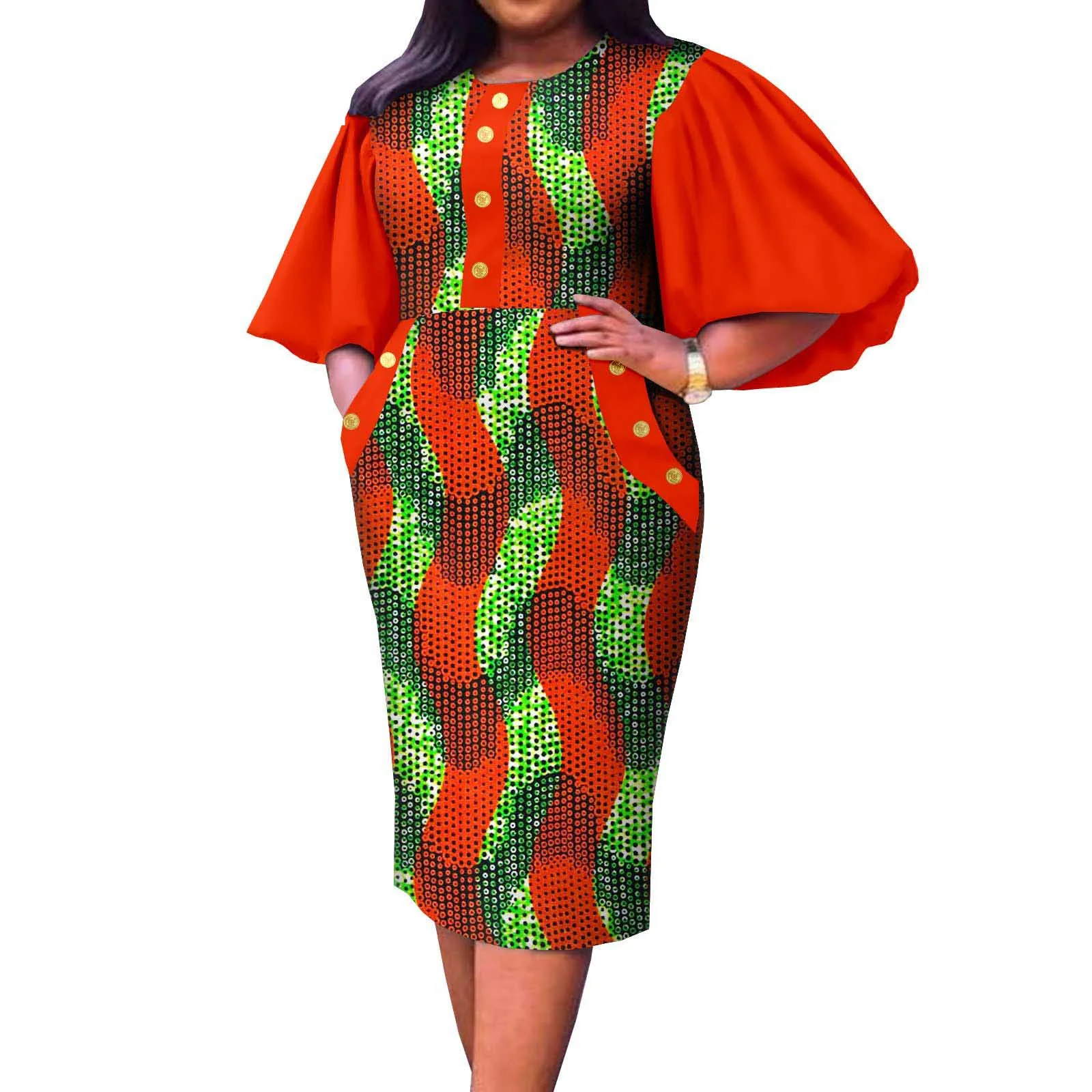 

Customized Half Flare Sleeves Knee Length Casual Pencil Dress Elegant Party Wedding Prom African Ankara Maxi Dresses for Women