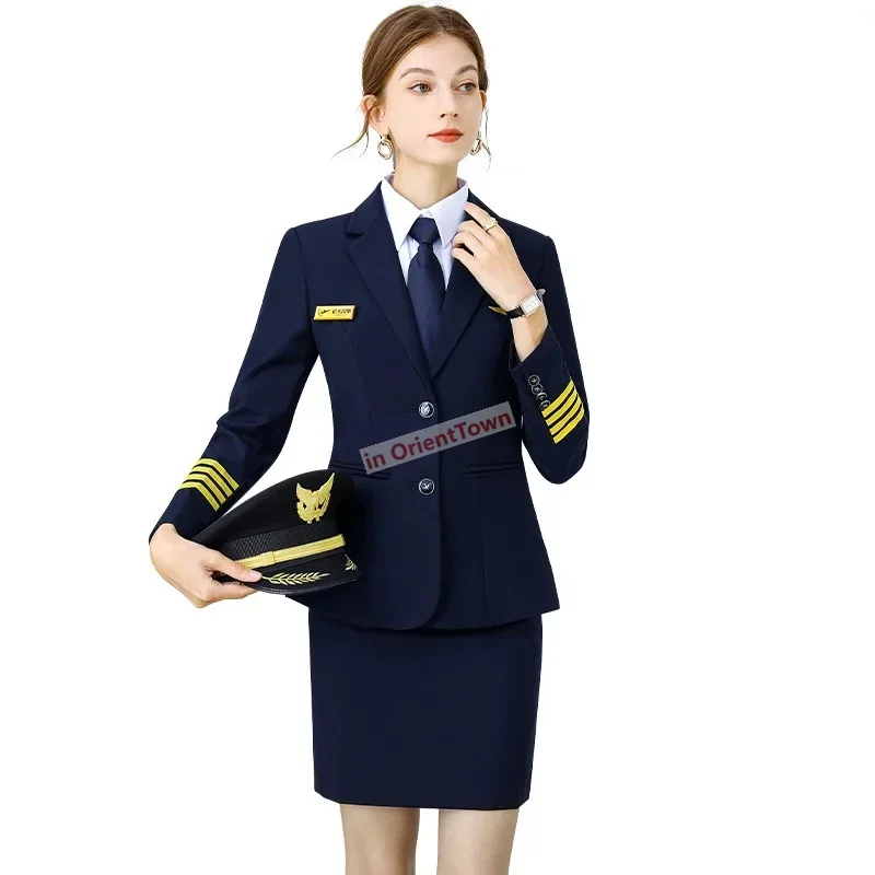 High End Spring Aviation Pilot Woman Captain Uniform Navy Blue Slim Fitting Coat Pants Set Professional Autumn Skirt Blouse Suit