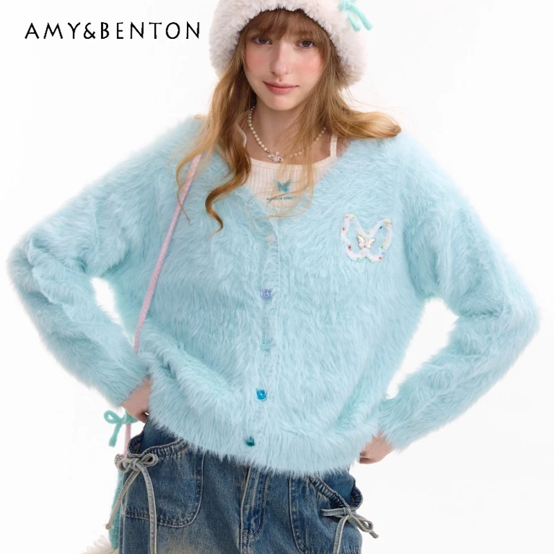

2025 Autumn Winter New Women's Clothing American Retro Design Butterfly Embroidery Plush Loose Sweater Cardigan Coats Ladies