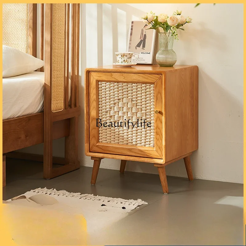 

ld 38 Wabi Sandy Wind Solid Wood Rattan Bedside Table Furniture Retro Style Bedroom Simple Storage Cabinet