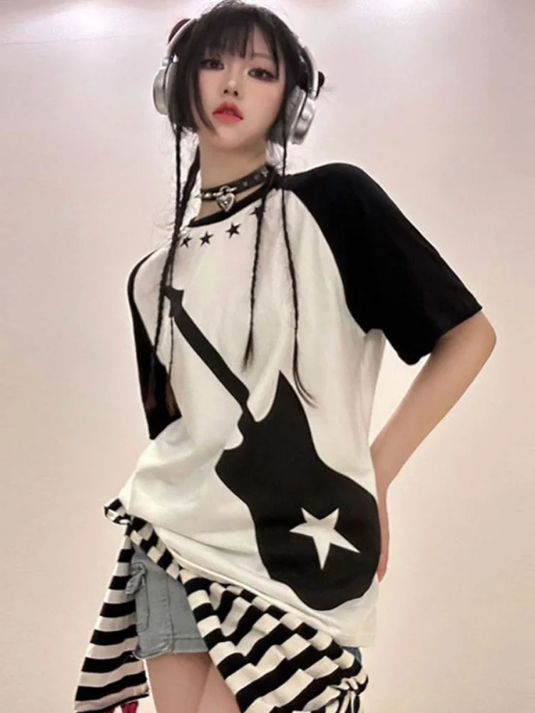 2024 Harajuku Printed Patchwork T Shirt Grunge Women Korean Fashion O Neck  Loose Tops New Y2k Aesthetic Short Sleeve Tee