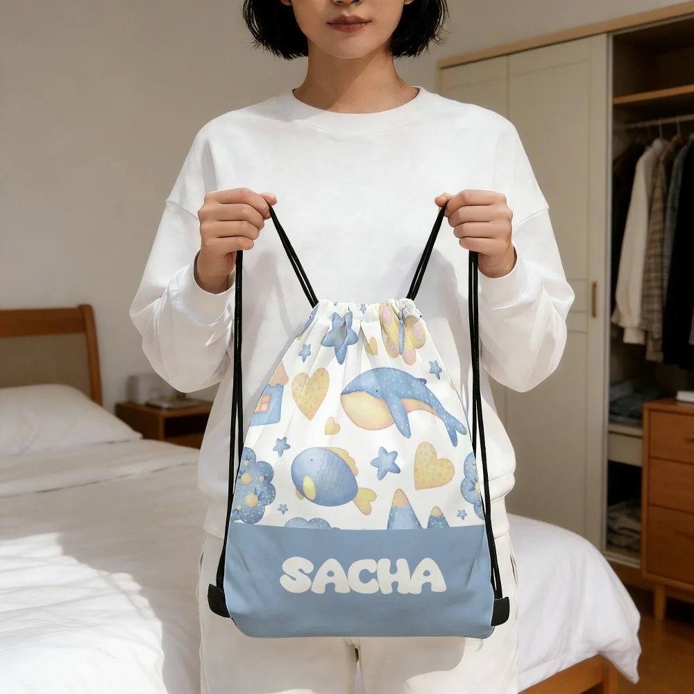 1Pc Custom Name/Text Drawstring Bag, Cute Ocean Animal Pattern Storage Pouch, Lightweight Travel Sports Backpack, Holiday Gift