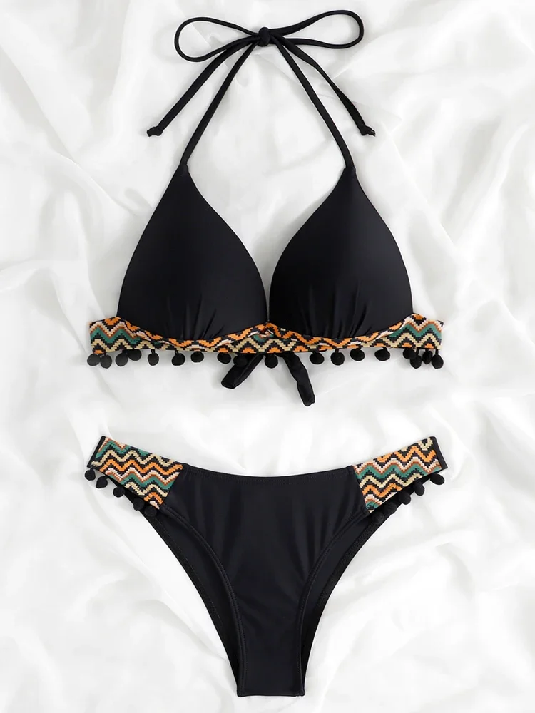 Bikini 2025 New Swimwear Women Swimsuit Tassel Black Ball Leopard Bikinis Set Push Up Bathing Suit Summer Brazilian Beach Wear