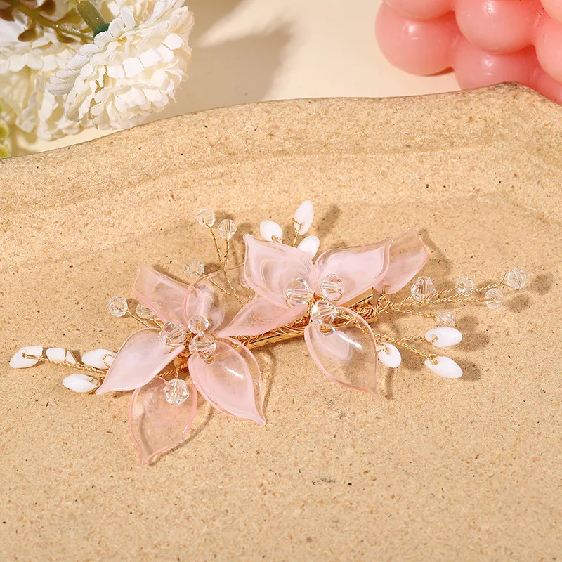 Pink Flower Hair Clips for Bride Wedding Hair Accessories Crystal Floral Hairpins Pearl Headpiece for Women Party Hair Jewelry