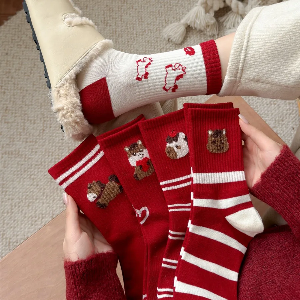 

Festive Socks Cotton Horse Pattern Socks Soft Comfortable Cartoon Red Socks Elastic Breathable Zodiac Year Socks Holiday Events