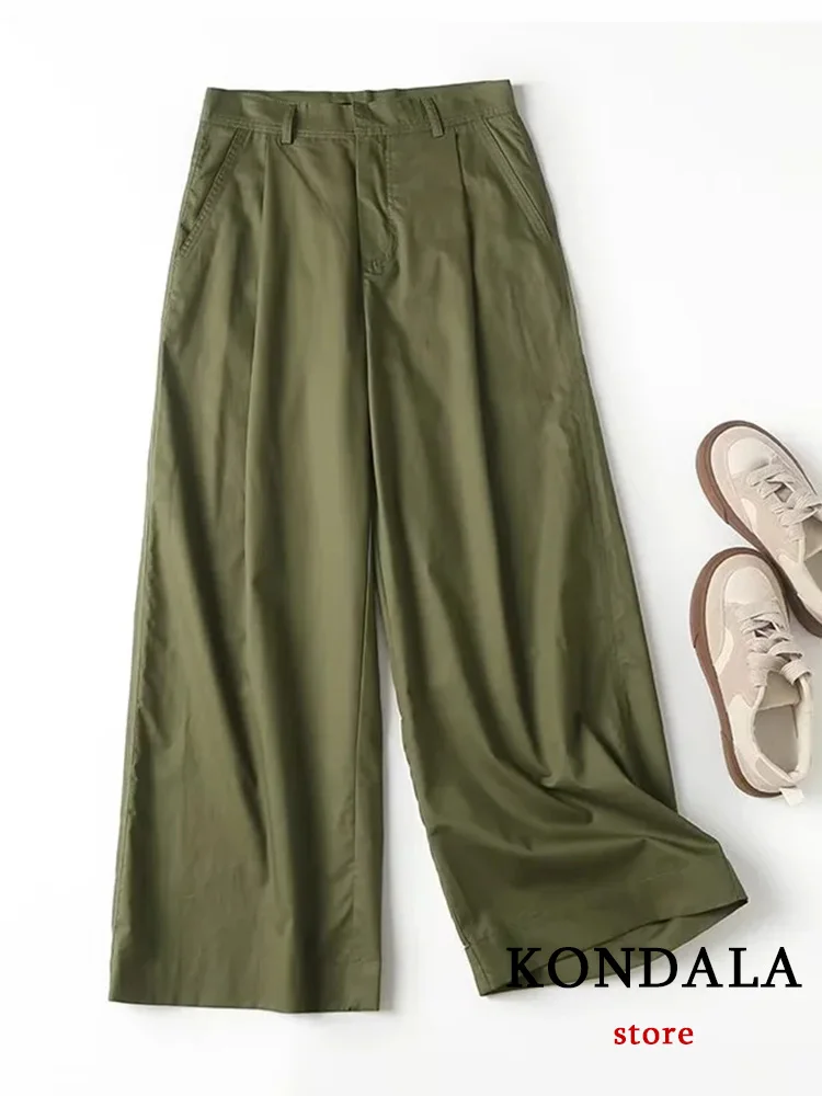 KONDALA Vintage Armygreen Women Pants Green Solid Pockets Zipper Straight Loose Long Pants New Fashion 2023 Summer Trousers