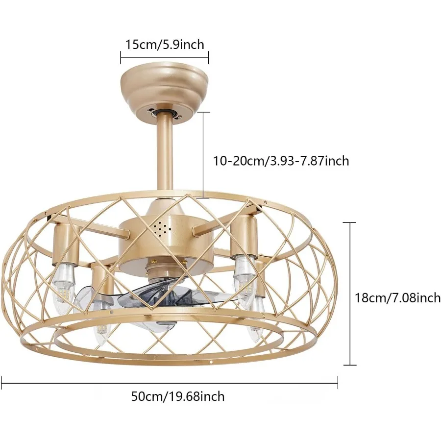 20'' Gold Cage Design Ceiling Fan with 3-Speed Operation Remote Control Functionality Industrial Enclosed Metal Construction Ch