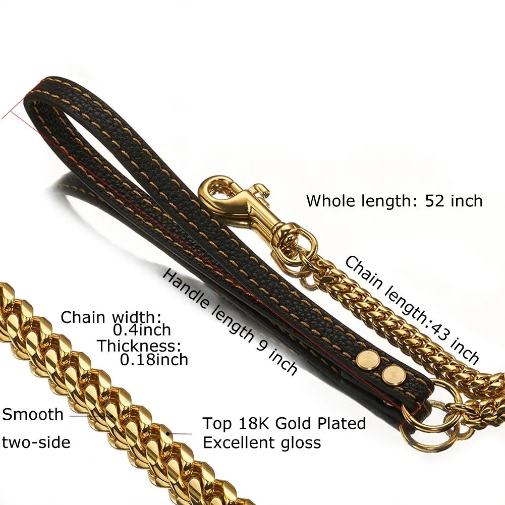 18K Gold Dog Leash Stainless Steel Metal Chew Proof Dog Lead Chain for Dogs Pet Traction Rope