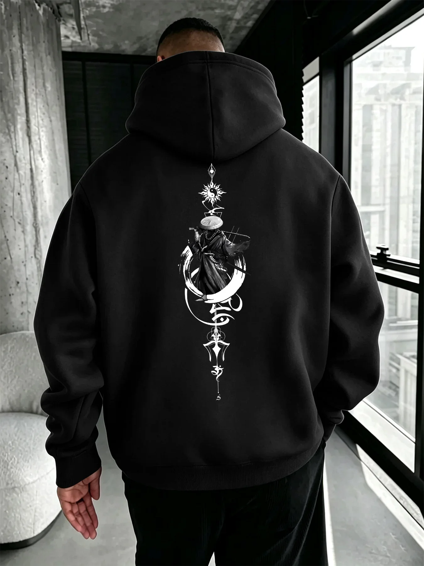 Men Chinese Swordsman Hoodie Ink Wash Martial Artist Vintage Graphic Print Loose Fit Streetwear Pullover Sweatshirt Autumn