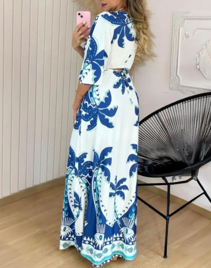 Womens Dresses 2025 Summer New Plants Print Waist Hollow Out Boho Maxi Dress Casual Three Quarters Tied Detail Vacation Dress