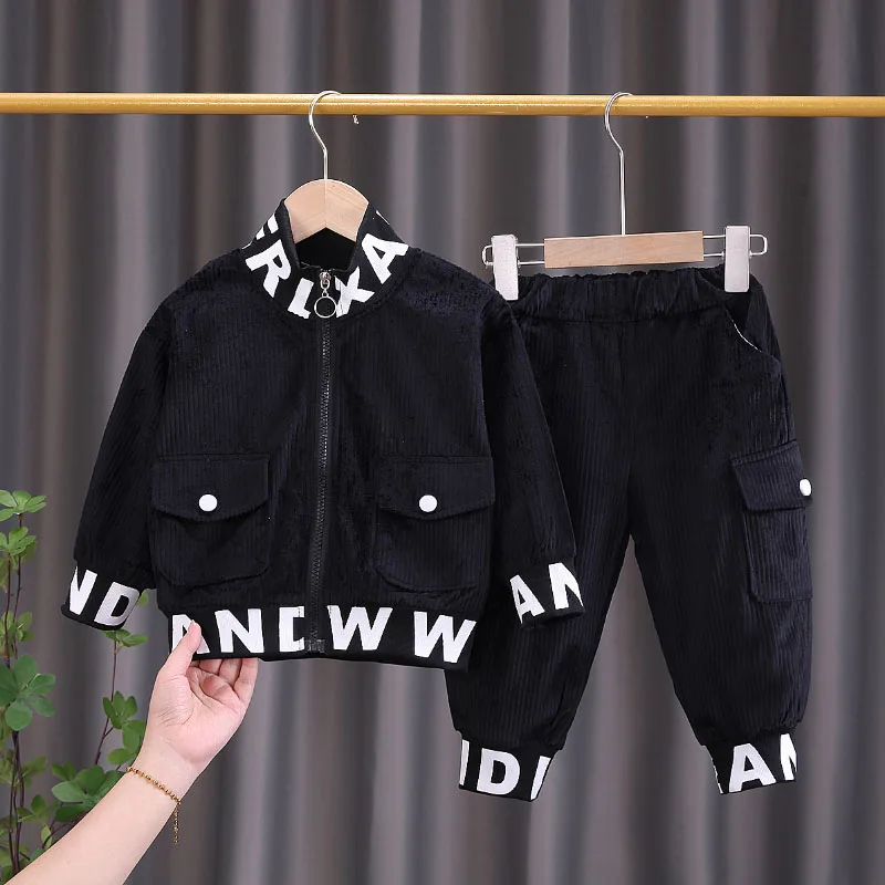 Clothing set autumn winter warmth corduroy warm jacket+pants 0-5-years old boys girls letter printed fashion children's clothing