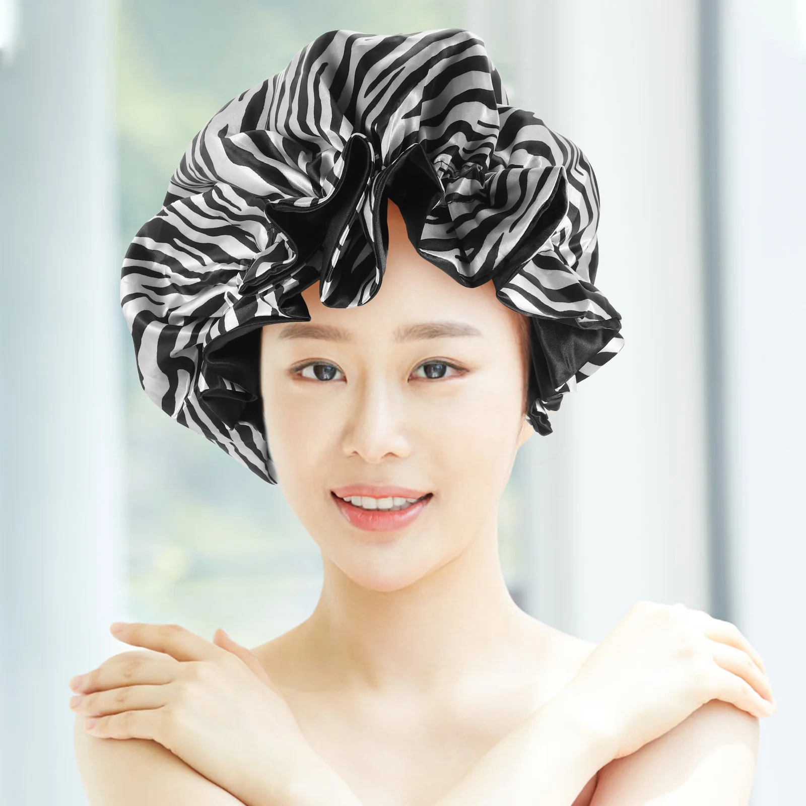 

Shower Hat for Women Hair Bonnet Sleep Caps Bath Cover Reusable Loose Straps Stylish Long Hair Curls Braids Natural Moisturizing