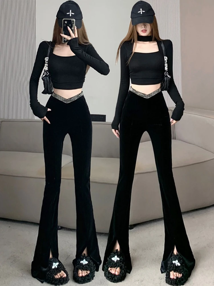 Black corduroy Chic Wide Leg Pants Women High Waisted Streetwear Elegant Trousers Lady Korean Flare Pant Mom Pantalones De Mujer