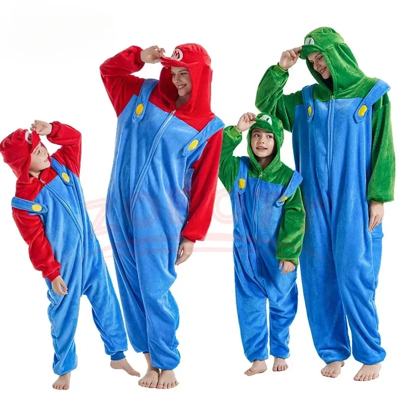 Nuevo Halloween Cosplay Super Mario Bros dibujos animados niños adultos pijamas de una pieza lindo Luigi ropa de casa niños cálido Paja de una sola pieza