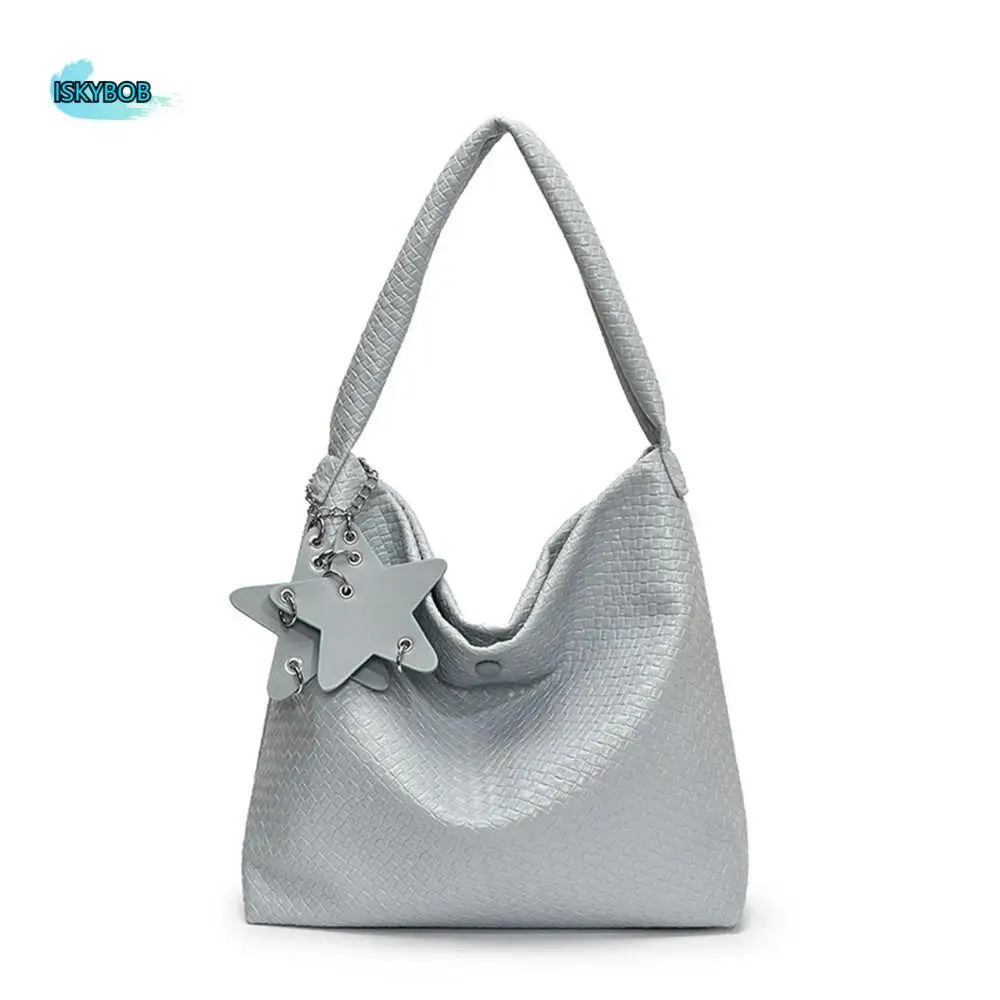 

Simple Star Pendant Weave Tote Bag Bucket Bag Large Capacity Pu Handbag Underarm Bag Korean Silver Shoulder Bag Outdoor