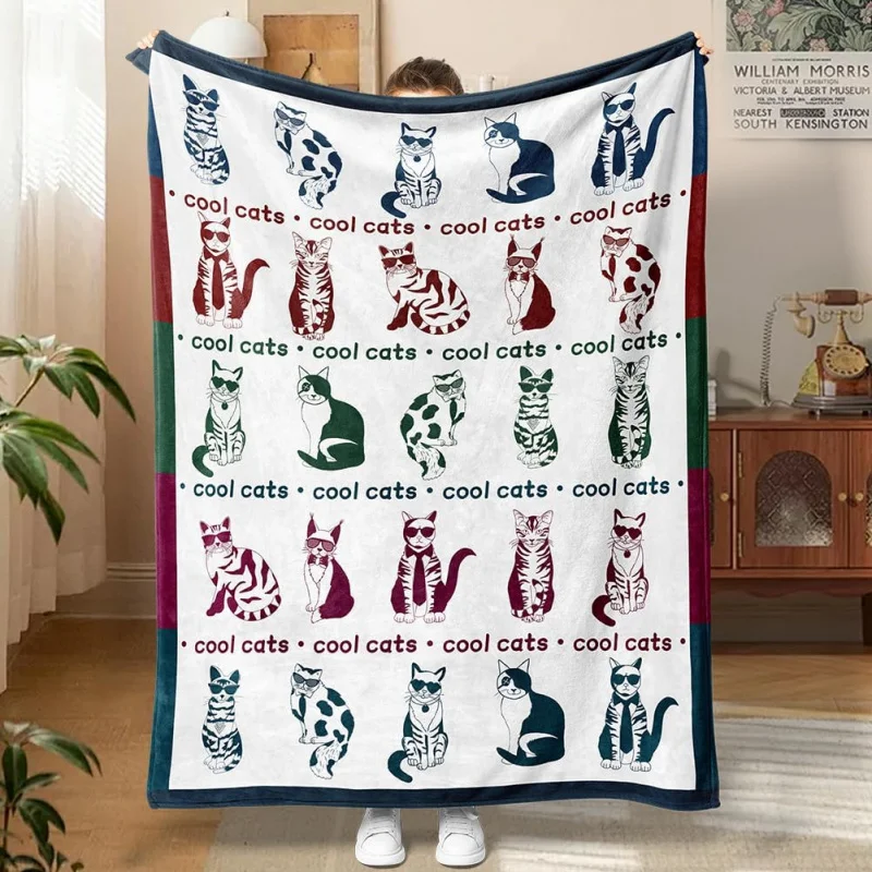 Cute animal pattern blanket, soft velvet fabric, comfortable and lightweight decoration, cool cat 60 inches x 50 inches