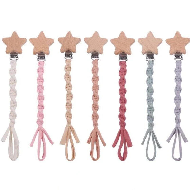 Hand Braided Cotton Cloth Pacifier Chains Leashes Handmade Wooden Dummy Pacifier Clips Safety Baby Girl Boy Eco-friendly Holder