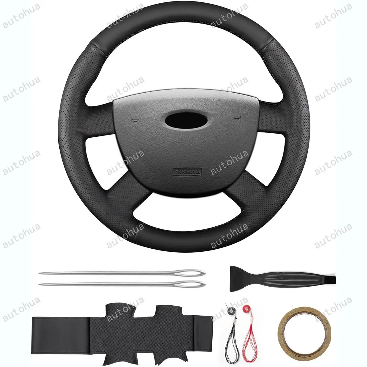 غطاء عجلة القيادة مخيط يدويًا لسيارة Ford 2008 Kuga/2007 C-MAX/2003 Focus CMax، جلد من الألياف الدقيقة غير قابل للانزلاق وجيد التهوية