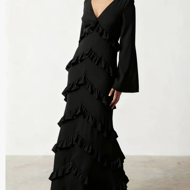 2025秋冬 長袖 レディース 気質 スリム メッシュ Vネック ワンピース