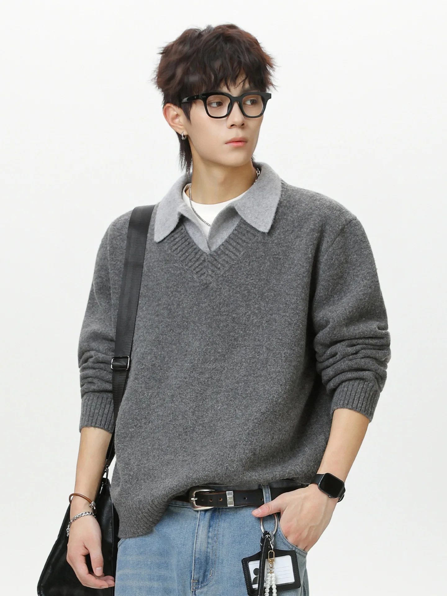 

Свитер из двух предметов в стиле Old Money, пуловер с v-образным вырезом и воротником, мужской трикотаж, мягкая шерстяная пряжа, повседневный образ, зима