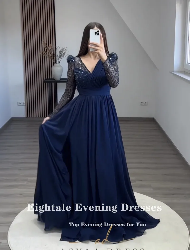 Eightale Elegant Evening Dresses Navy Blue Glitter V-Neck Pleats Chiffon Long Sleeves Prom Party Gown Graduation robes de soirée