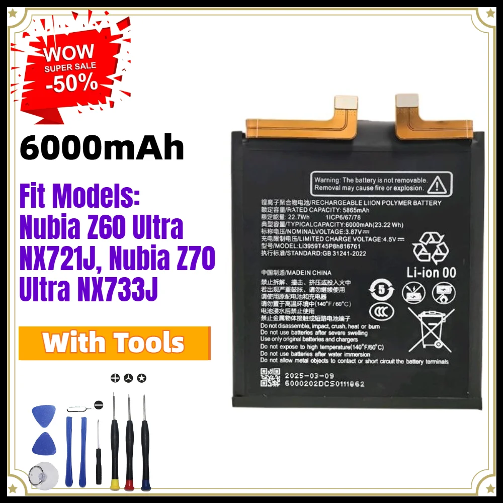 6000mAh Lithium Battery for ZTE Nubia Z60 Ultra NX721J Z70 Ultra NX733J Replacement Battery with Repair Tools