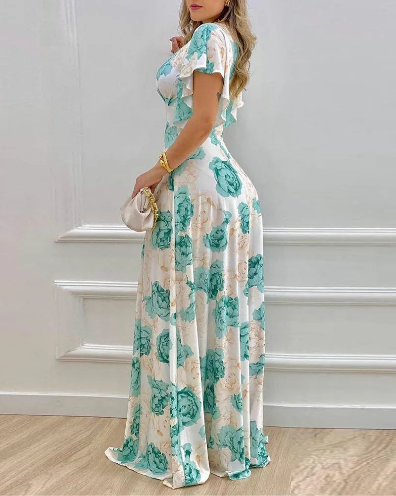 Elegante vestido feminino com mangas lare, vestido maxi, saia curta, decote em v, cintura, primavera, verão, estampa de último temperamento, 2021