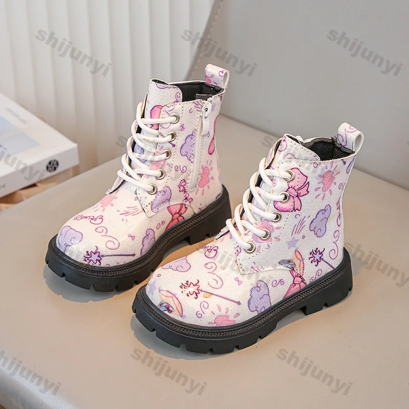 Girls Fashion British Style Boots 2025 Autumn New Design Soft Sole Non-Slip Short Leather Boots Princess Printed Soft-soled Boot