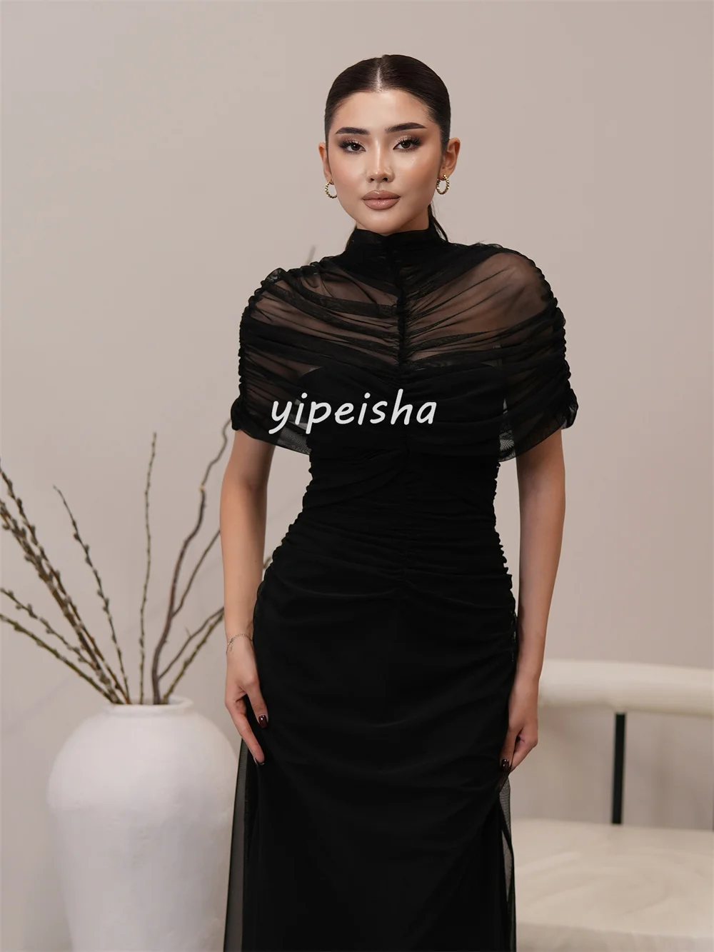 Personalizado estilo moderno tule plissado ruched drapeado em linha reta gola alta vestidos longos sob medida vestidos de ocasião tamanhos disponíveis