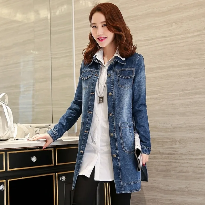 

Denim Jacket For Women Spring Autumn Long Sleeve Jeans Coat Female Medium And Long Casual Ripped Female Outerwear Tops