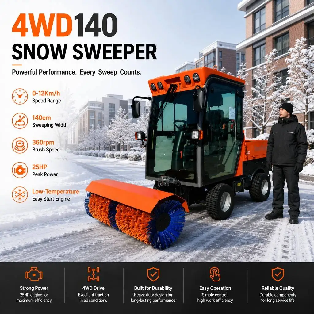 Heavy Duty 4 Wheel Drive 25HP Snow Sweeper with 140cm Electric Adjustable Brush and Full-time 4WD Traction System 2200lb