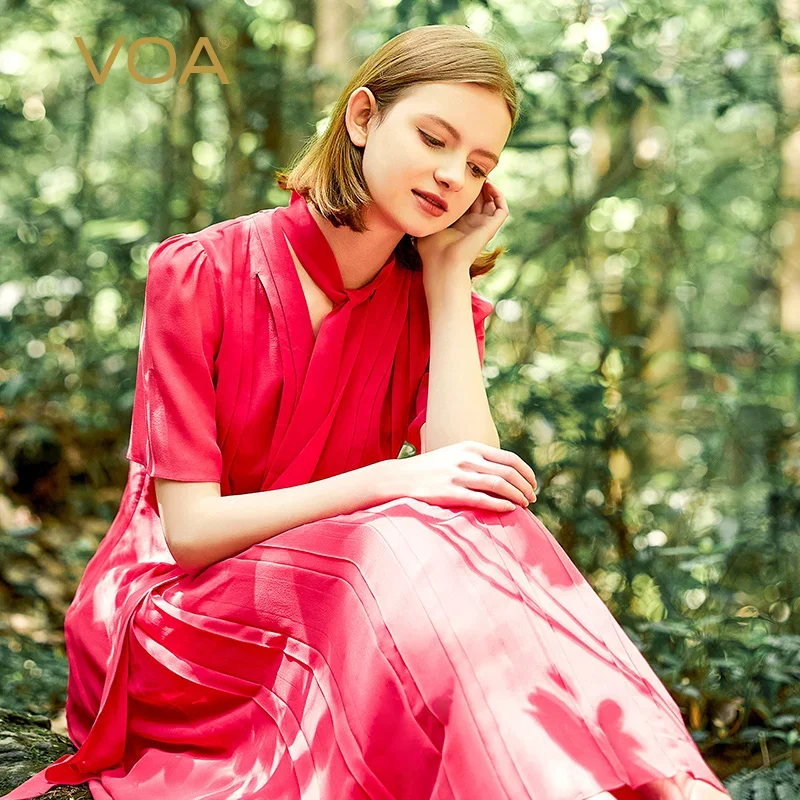 

VOA Silk Red Three-layer Georgette Design V-neck Envelope Pleated Ribbon Warm and Graceful Lady New Chinese Style Dress AE2195