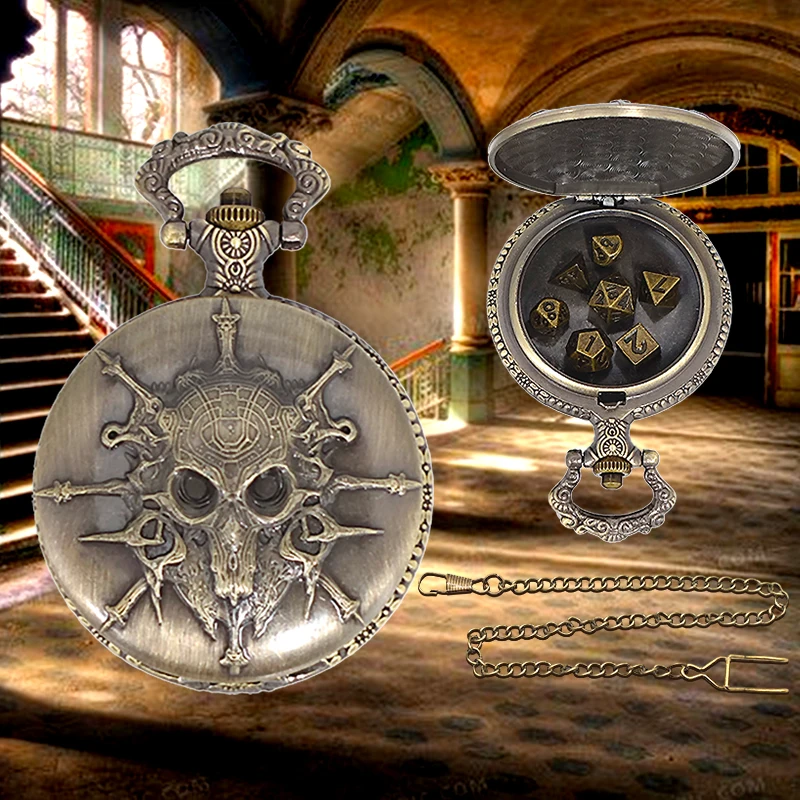7Pcs Polyhedral Dice  and 1Pc Vintage Dragon Pocket Watch Case Combines Dice Pendant Chain For Entertaining Role-Playing Games