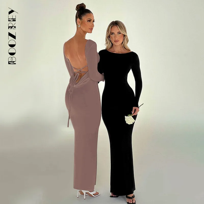 

BoozRey 2024 Autumn New Sexy Elegant Party Evening Dresses for Women Fall Tie Up Solid Long Sleeve O-Neck Backless Maxi Dress