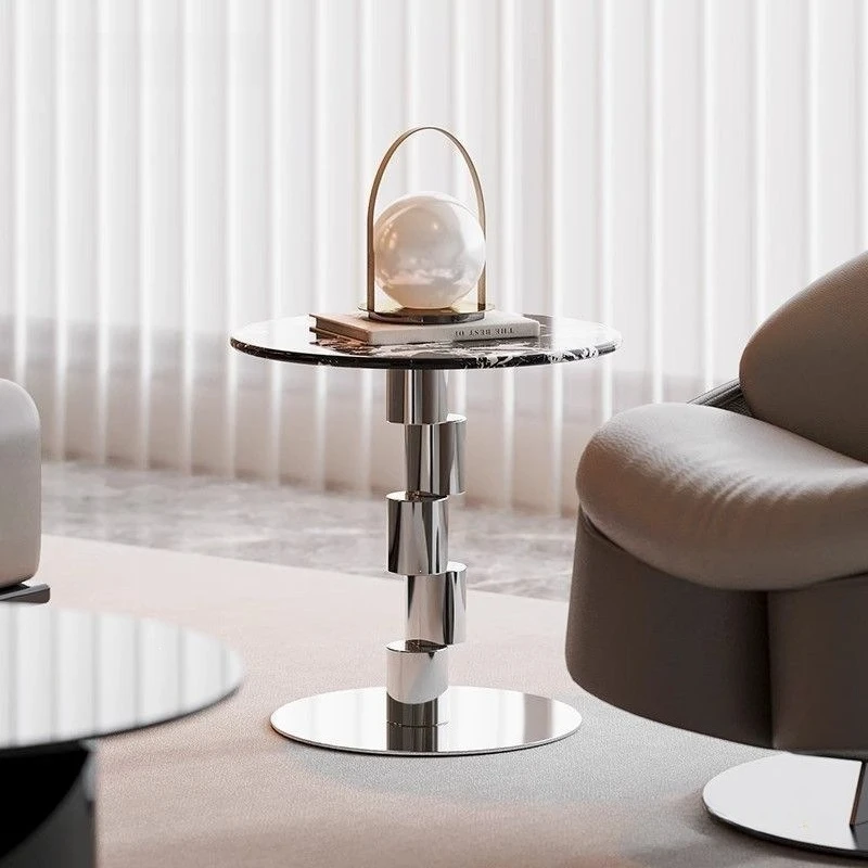 Italian Luxury Marble Side Table, Round Coffee Table with Square Corners, Minimalist Balcony Stone End Table for Living Room