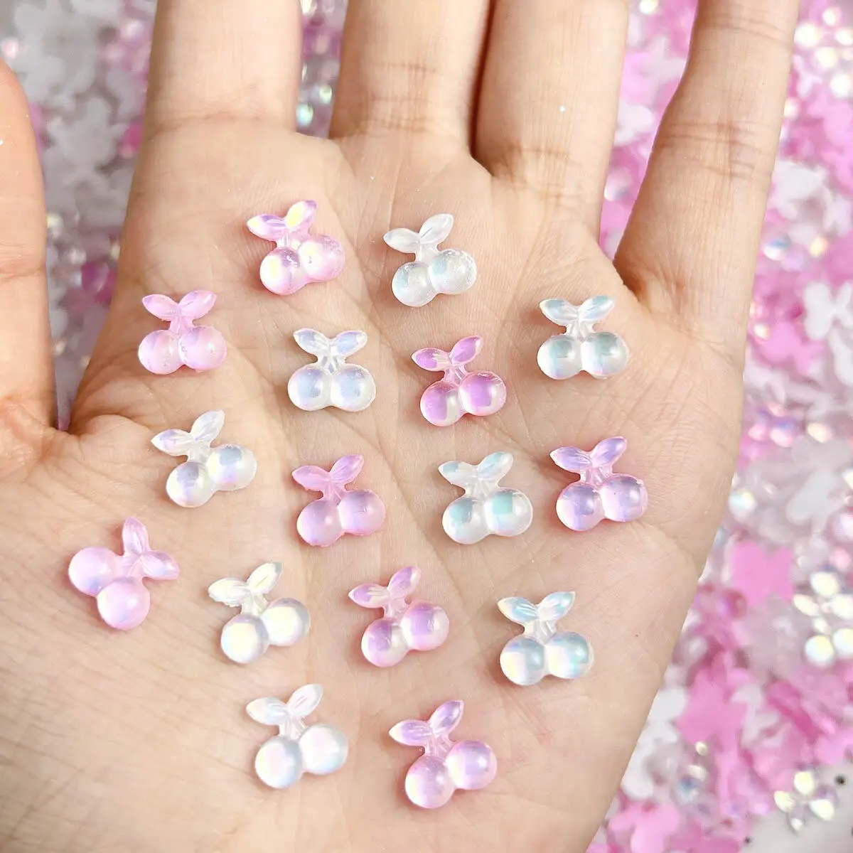 30개 귀여운 만화 3D 레진 체리 네일 아트 장식 반짝이는 투톤 체리 네일 참 매니큐어 DIY 수제 액세서리