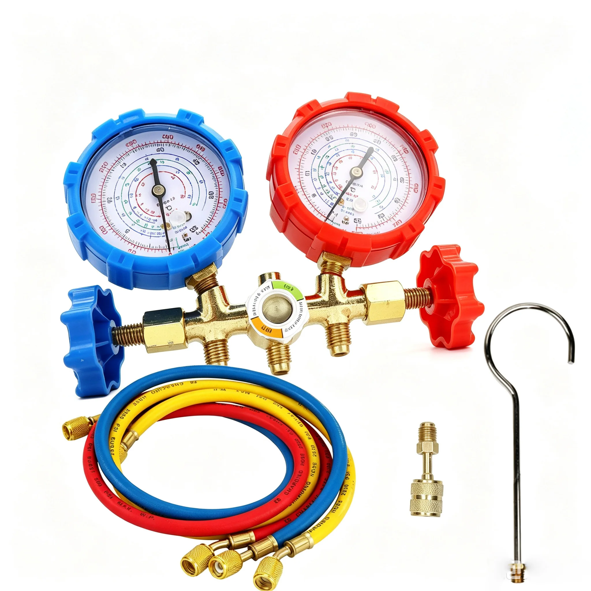 Dual Gauge AC Manifold Set Brass R404A Charging Tool Kit With 3 Hoses For Car Home Air Conditioning Repair