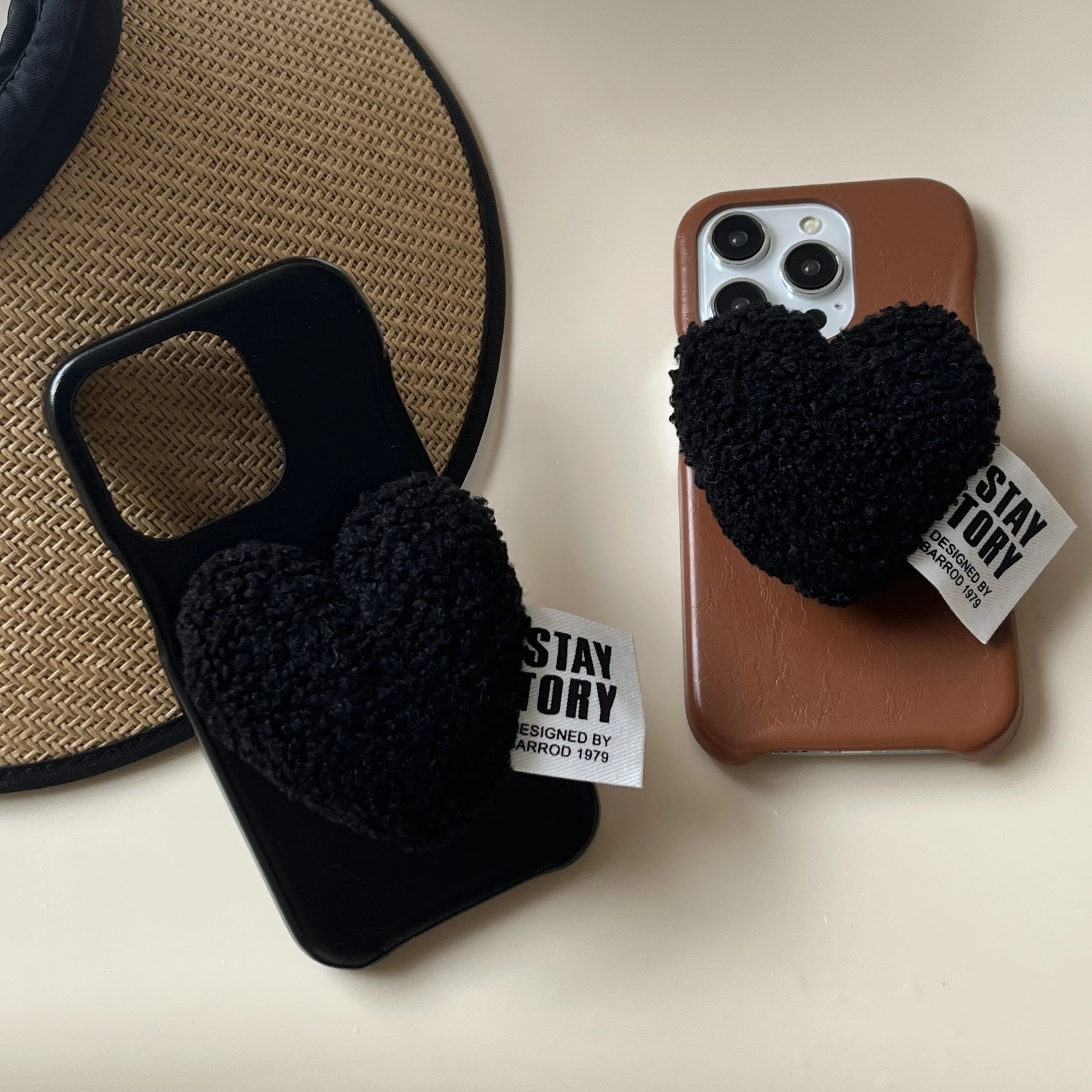 Premium Vintage Coffee Brown Leather Phone Case with Plush 3D Heart Stand For iPhone 15 14 13 12 11 Pro Max For Women Phone Case