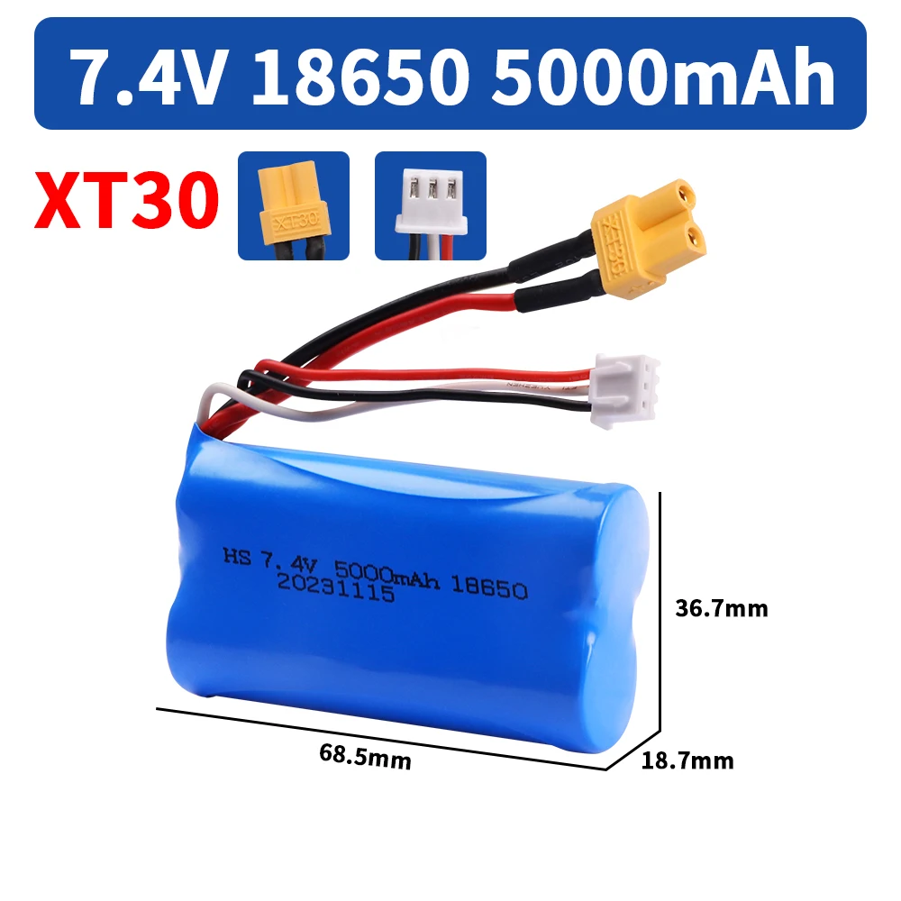 Akumulator litowo-jonowy 18650 7,4 V 5000 mAh XT30 z wtyczką i ładowarką do Huina580550 583 582 Samochody RC Drone Części zamienne do zabawek Bateria