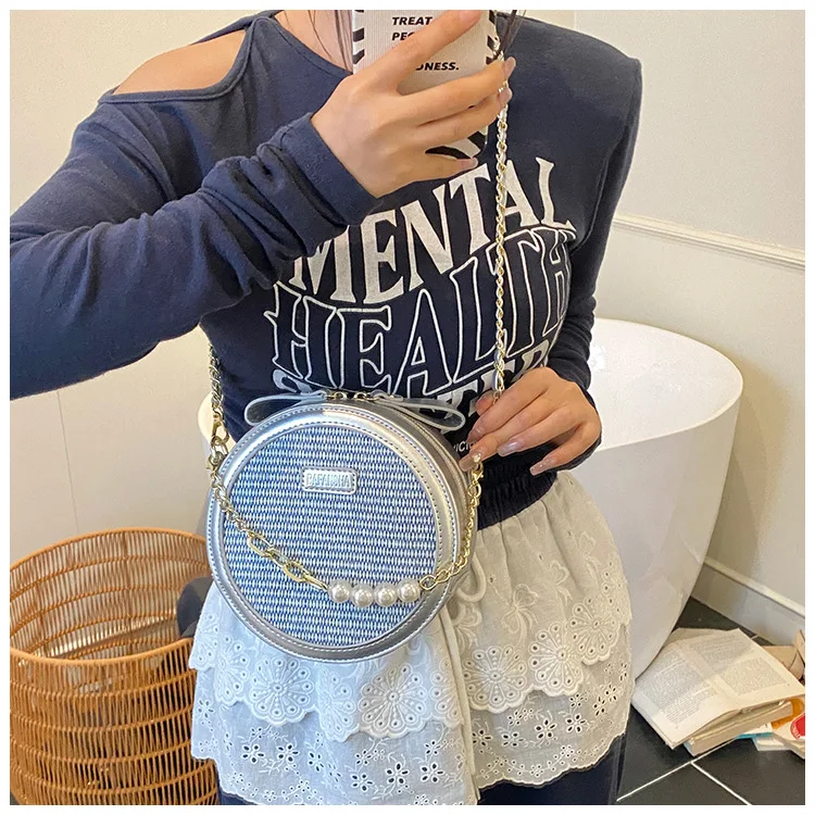 

Fashion Women Round Crossbody Bag PU Leather Pearl Decor Chain Shoulder Handbag Woven Patchwork Small Circle Bag For Date