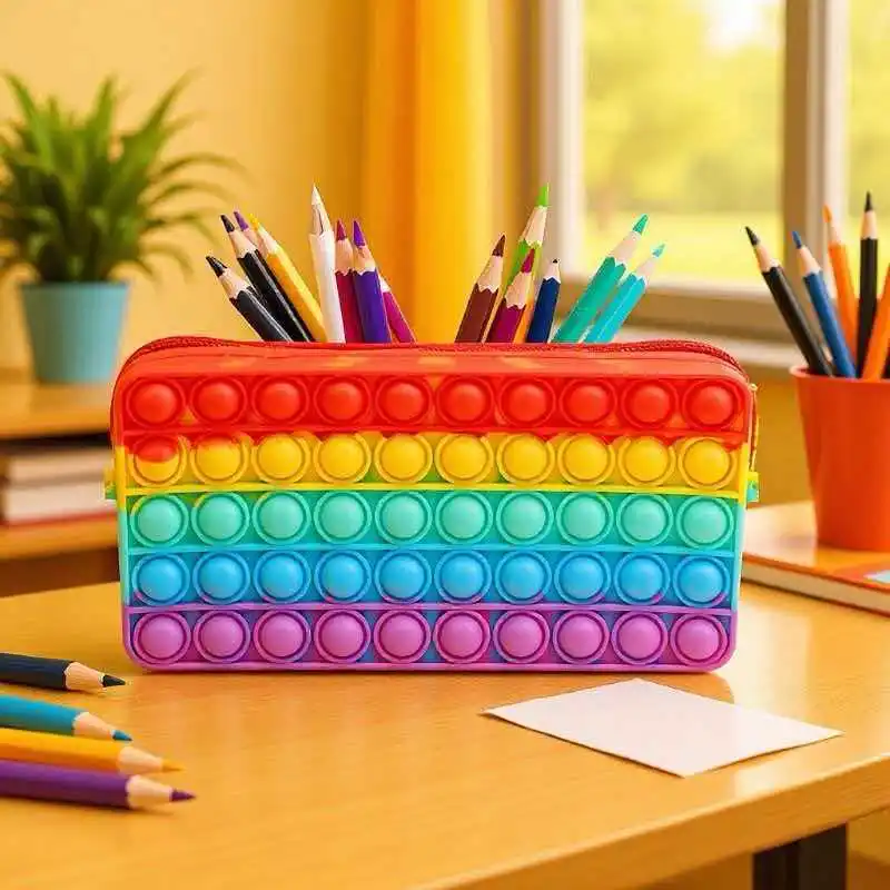 

Rainbow Pencil Case Silicone Push Bubble Fidget Toys Stationery Storage Bag Decompression For Kids Back School Season Gifts