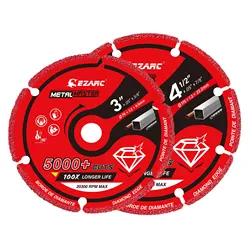 EZARC Rueda de corte de diamante de 3 x 3/8 pulgadas y 4-1/2 x 7/8 pulgadas para metal, rueda de corte con más de 5000 cortes en barras de refuerzo, acero, hierro y INOX